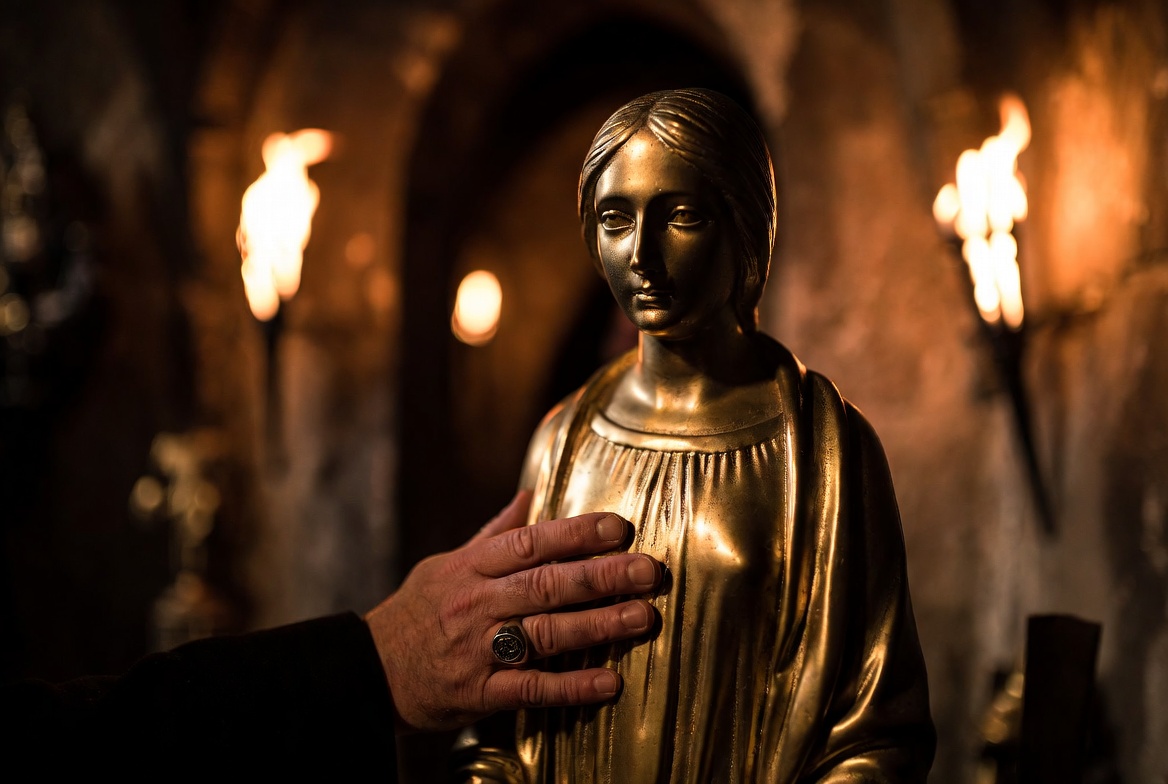 A close-up photograph of a golden statue of Juliet within a dark crypt, with a grieving hand resting on its base, symbolizing the tragic end of the Montague lineage.