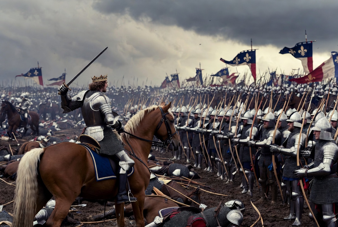 King Henry V leading English forces to victory at the Battle of Agincourt