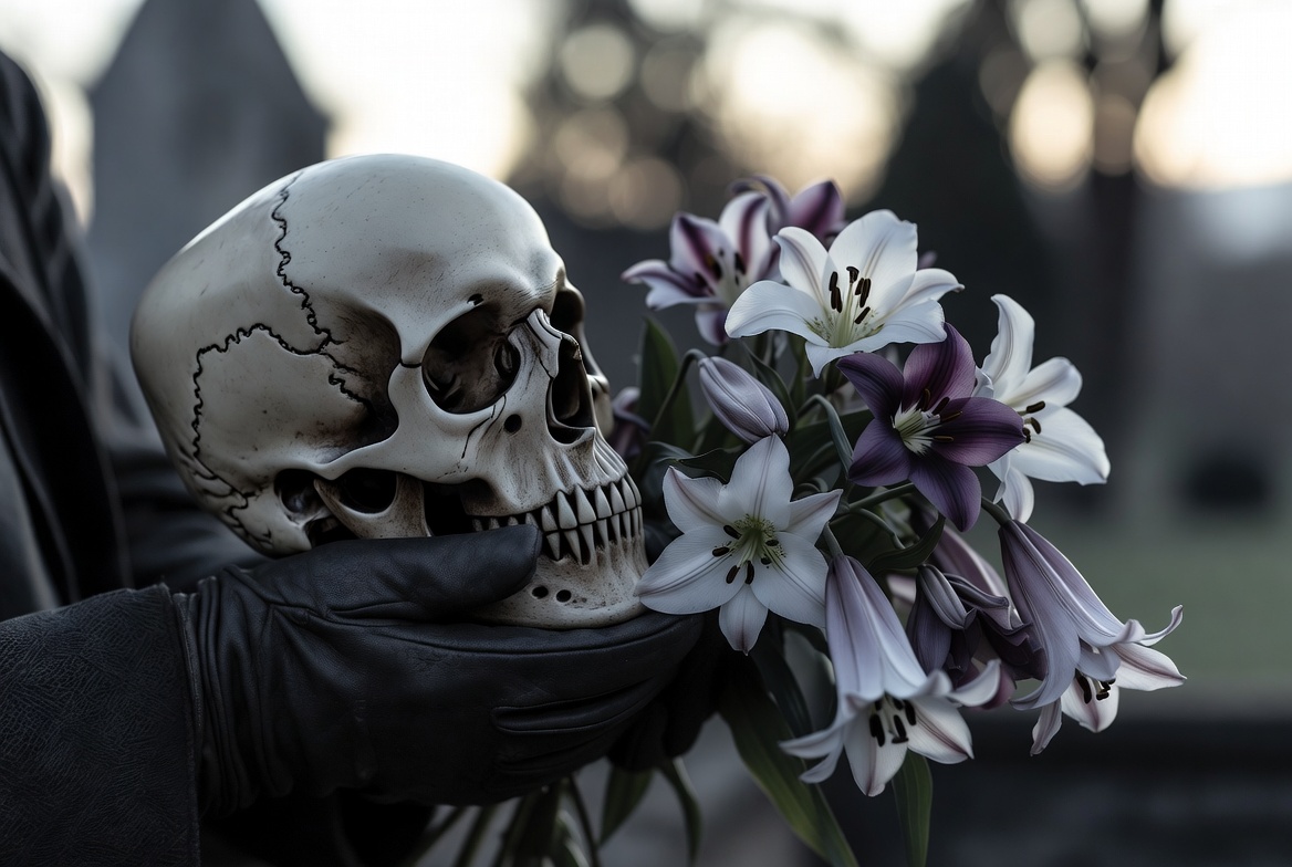 Shakespeare’s reflections on mortality: A close-up analysis of the human skull and mourning flowers in Hamlet’s Graveyard Scene.
