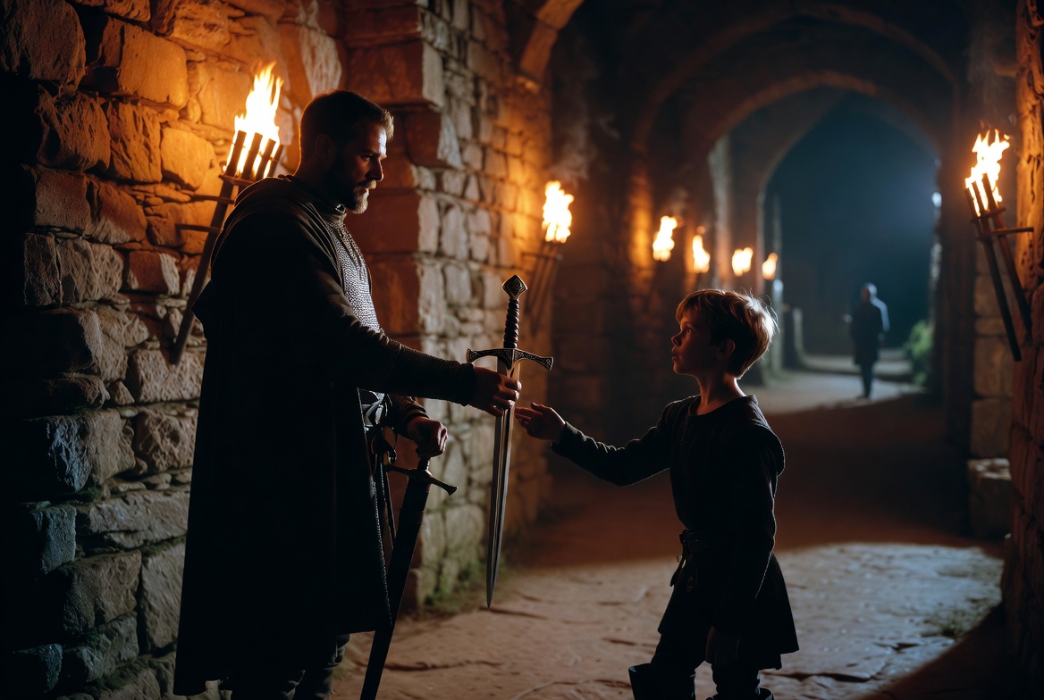 Banquo handing his sword to his son Fleance in a dark castle hallway before encountering Macbeth.