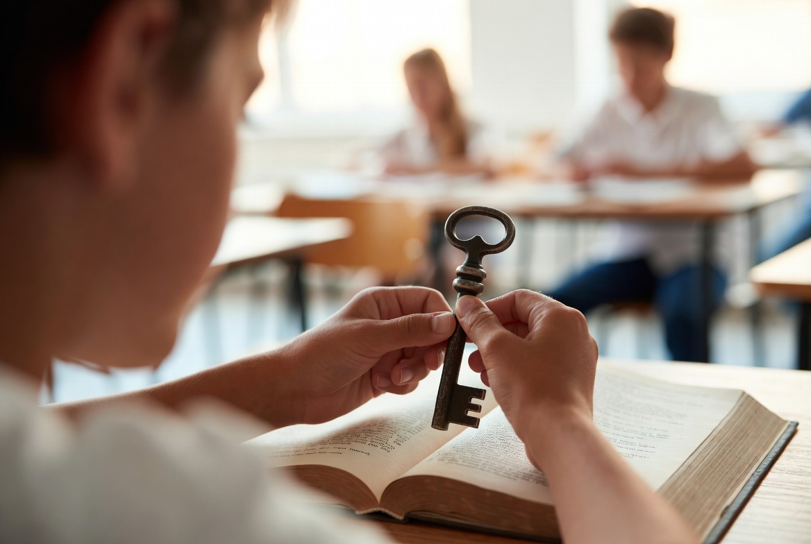 A middle school student holding a vintage metal key over an open Shakespeare play book in a classroom.