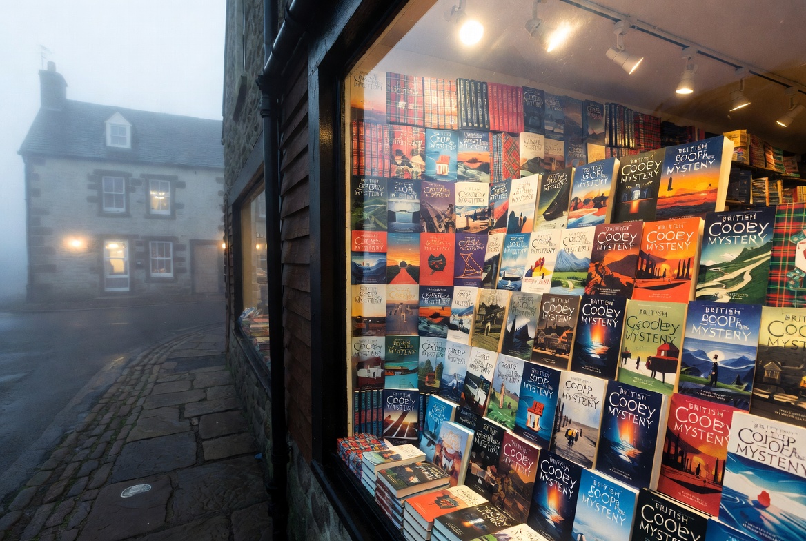 A Scottish village bookstore window display filled with cozy mystery novels highlighting the Hamish Macbeth chronological reading order.