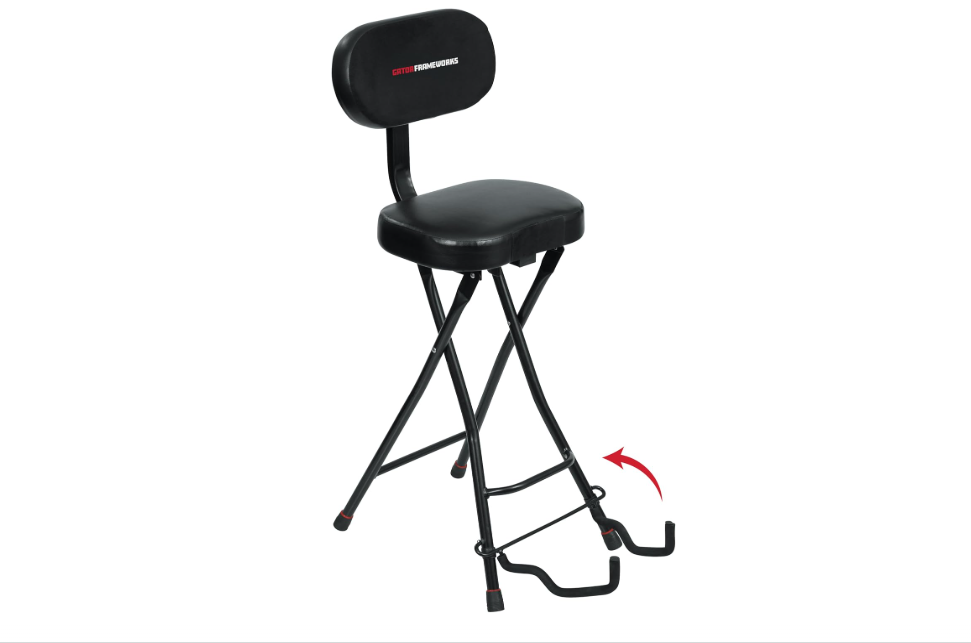 Gator Frameworks Guitar Seat with Padded Cushion, Ergonomic Backrest and Fold Out Guitar Stand, Holds both Acoustic and Electric Guitars (GFW-GTR-SEAT)