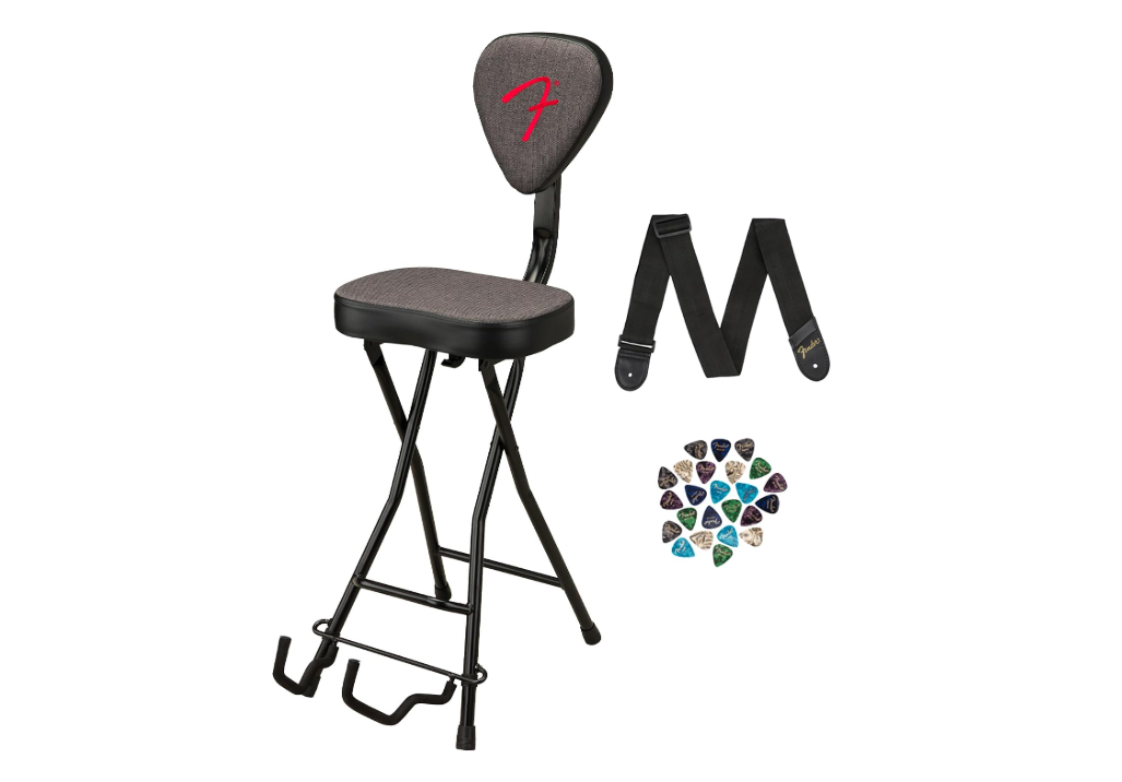 Fender 351 Studio Seat/Guitar Stand Combination Bundle with Guitar Strap and Austin Bazaar Exclusive 24-Pack Picks