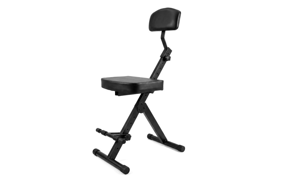 PYLE Drum Throne - Guitar Stool, Foldable & Portable Chair w/ Backrest & Footrest, Adjustable Music Stool for Adults, Padded Cushioned Seat & Back