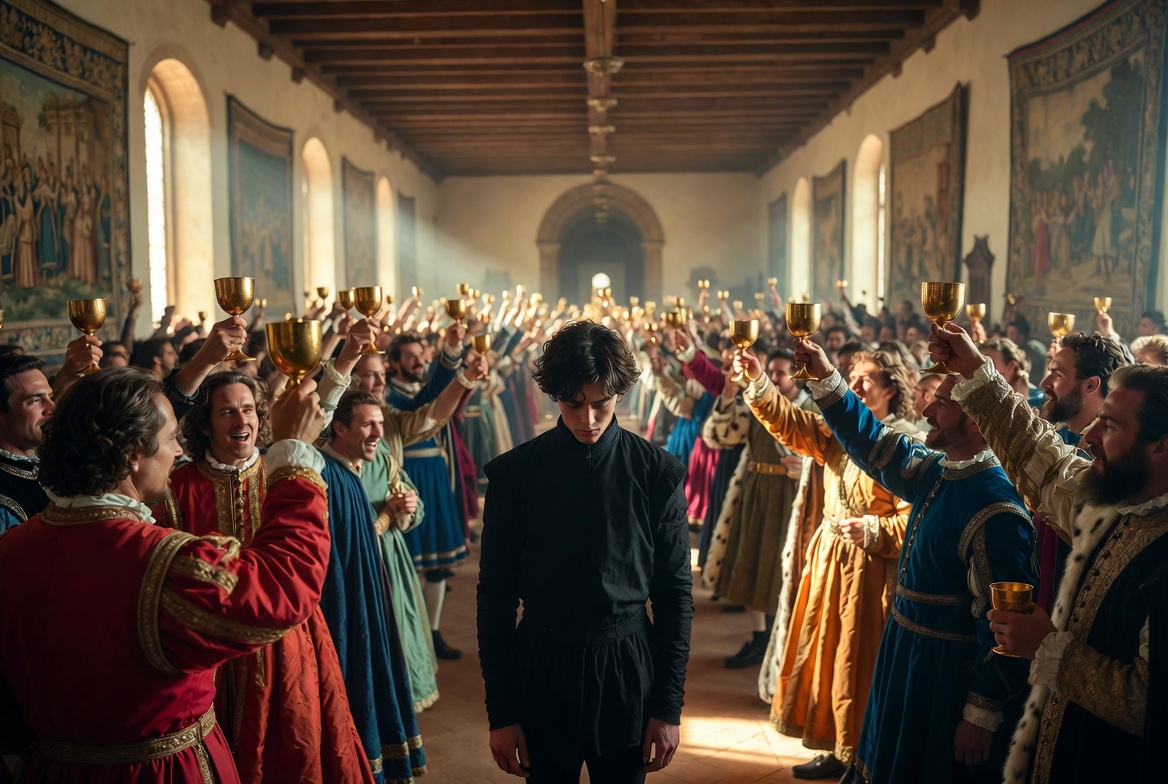 Wide shot of a cheerful, brightly dressed royal court banquet contrasted against a solitary Prince Hamlet mourning in matte black clothing.