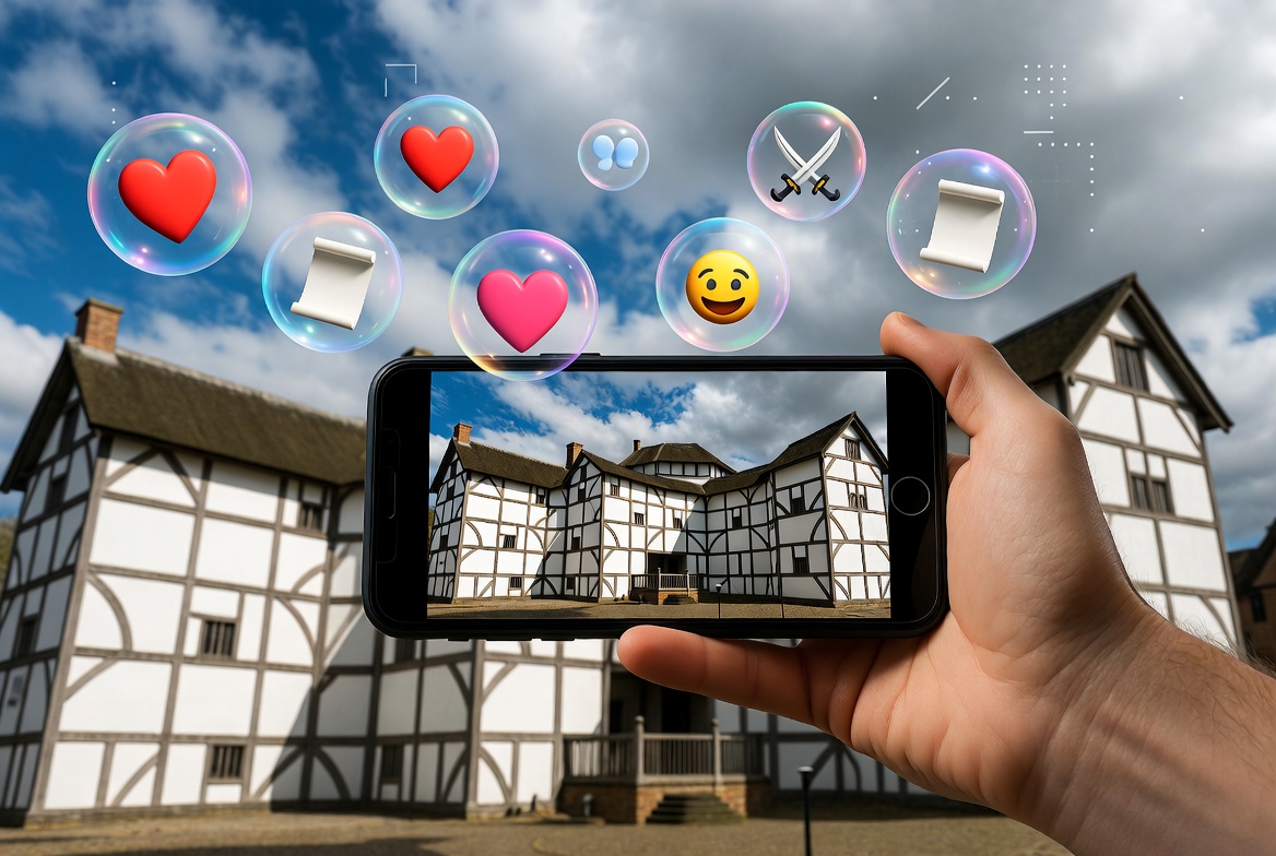 An illustrated metaphor showing Shakespeare's Globe Theatre viewed through a smartphone screen with floating modern emojis.