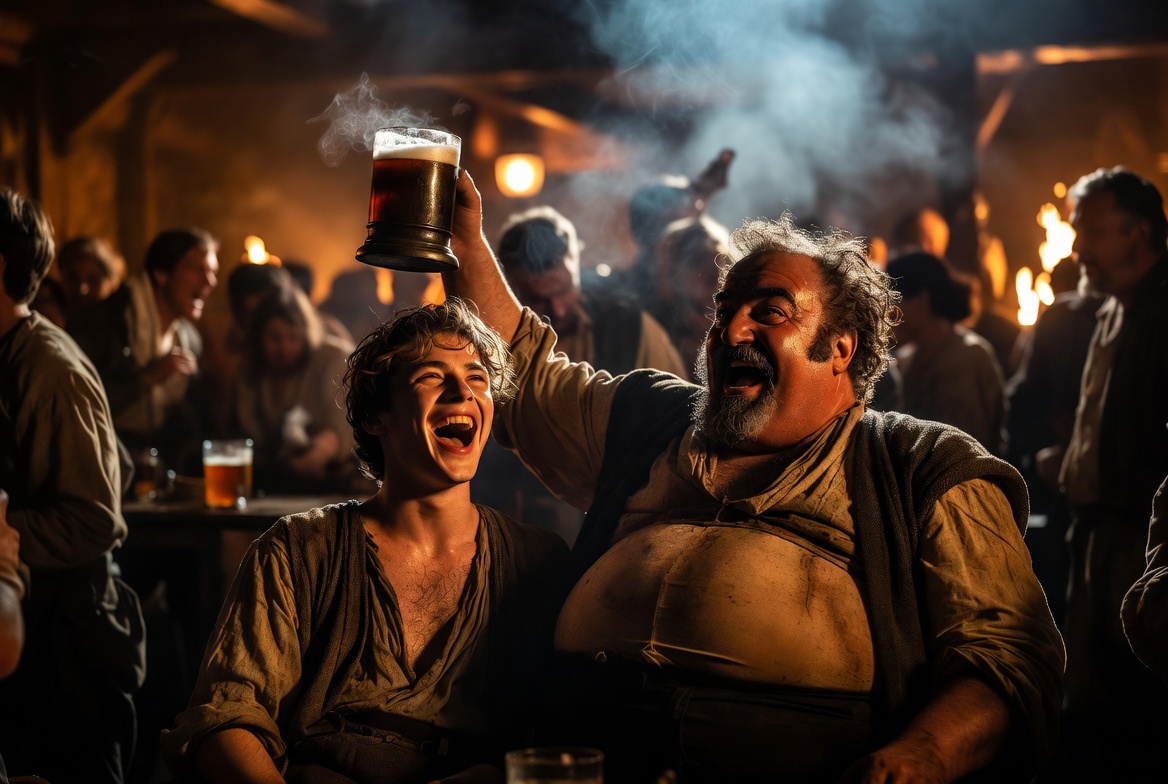 A cinematic tavern scene capturing Prince Hal laughing with a boisterous, portly Sir John Falstaff, his surrogate parent figure.
