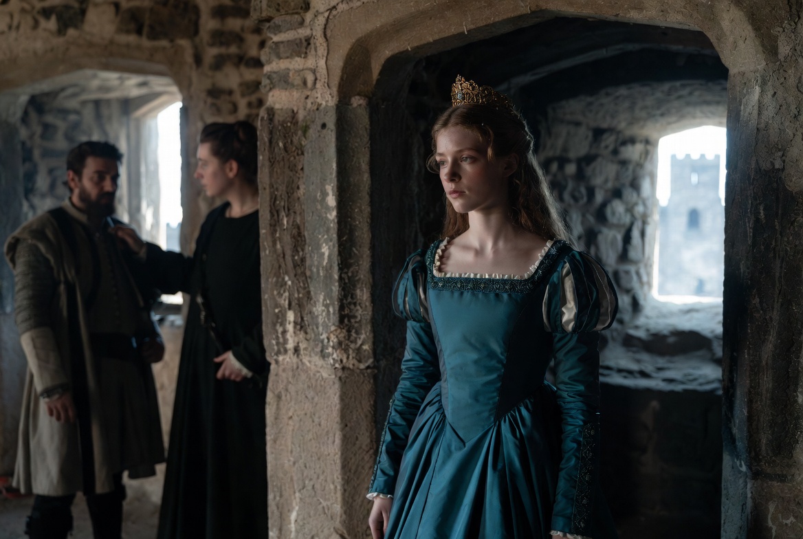 Mary Bohun, a young medieval heiress in a castle chamber, showing political tension and vulnerability as a pawn.