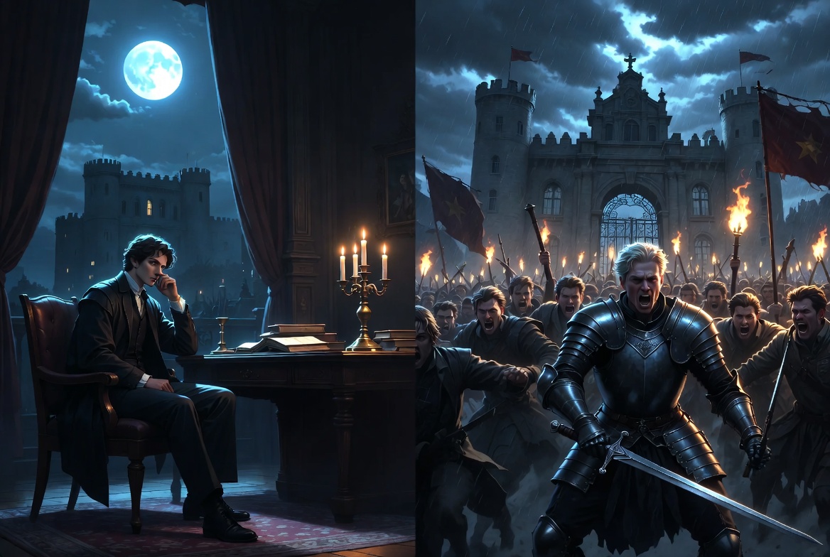 A split illustration comparing a contemplative Hamlet in a dark study with an impulsive Laertes leading a rebellion.