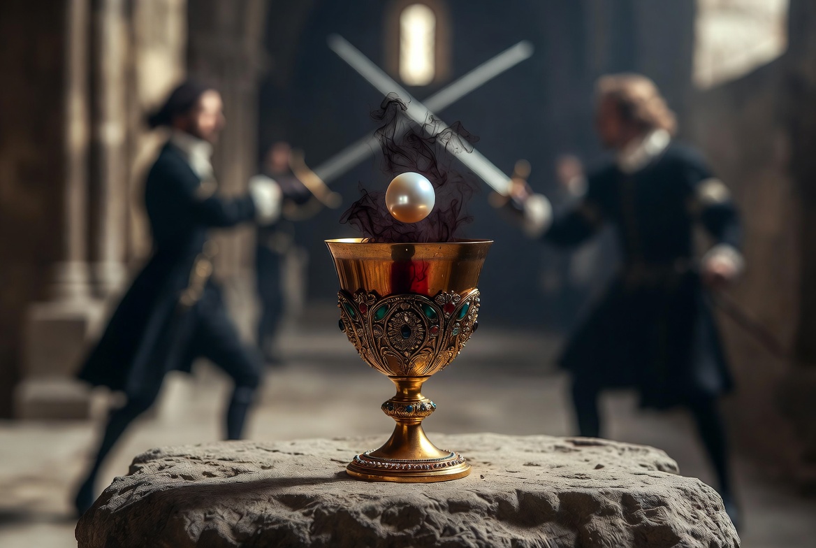 A dramatic close-up of a royal golden goblet with a poisonous pearl dissolving in wine during a distant castle duel.
