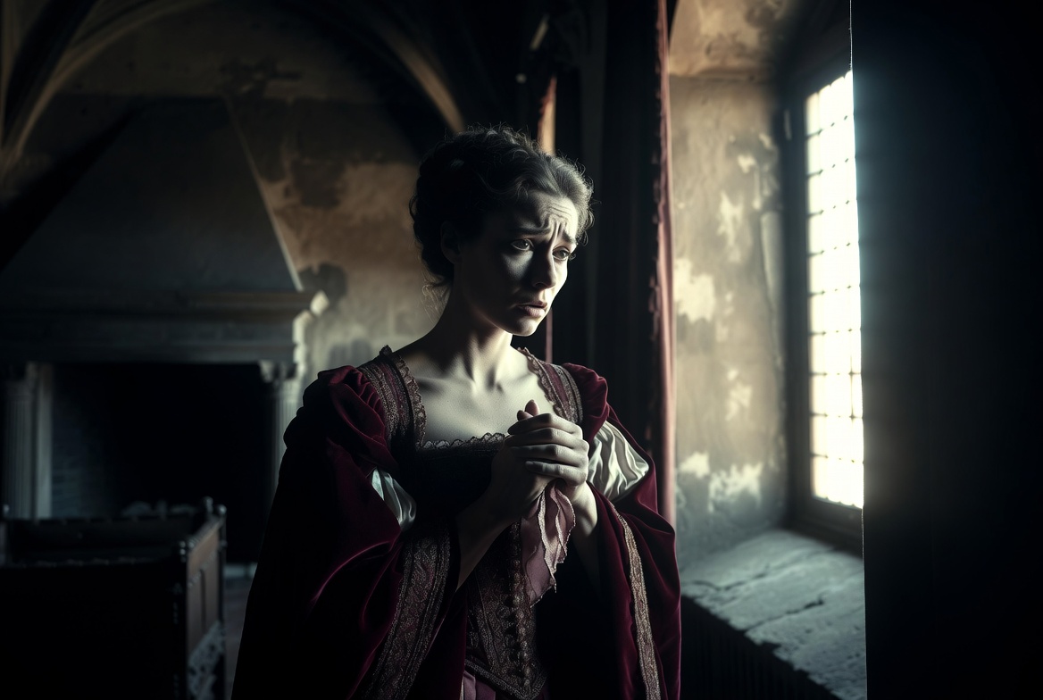 Anxious portrait of Lady Montague looking out a stone window, symbolizing her concern for her son Romeo's whereabouts and depression.