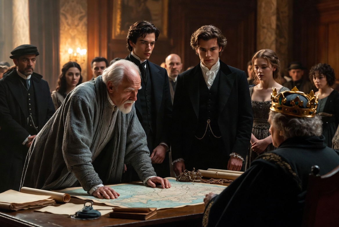 Advisor Polonius presenting his son Laertes and daughter Ophelia to King Claudius in a quiet, transactional castle boardroom meeting.