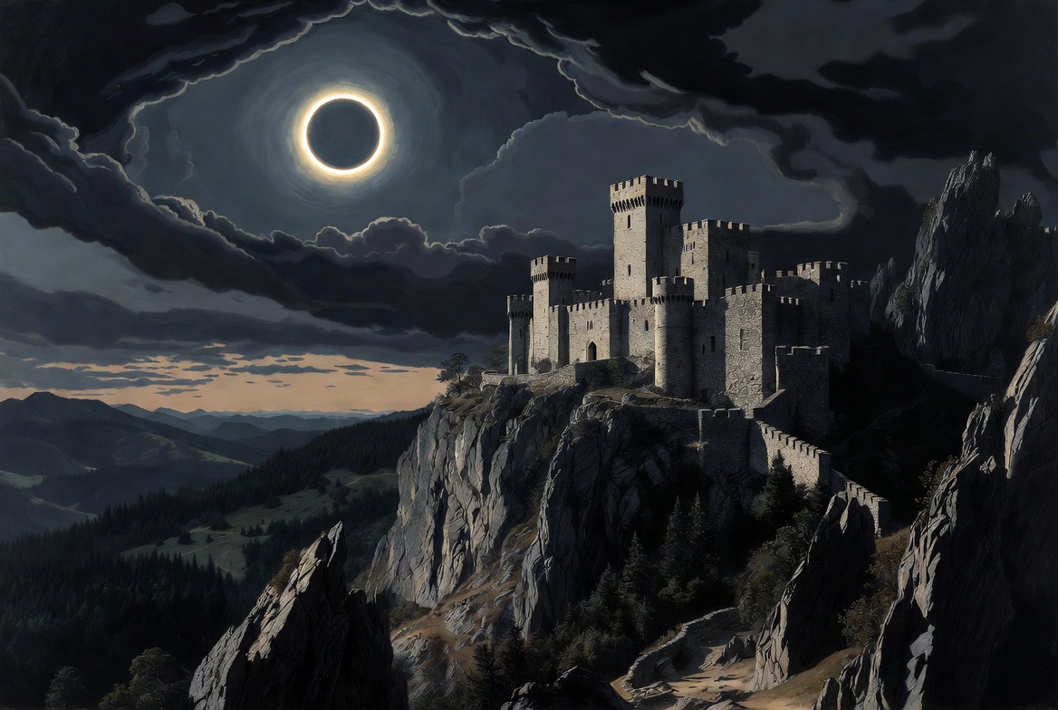 A dramatic landscape depicting a solar eclipse over Inverness castle, symbolizing the cosmic chaos after Duncan's murder in Macbeth.