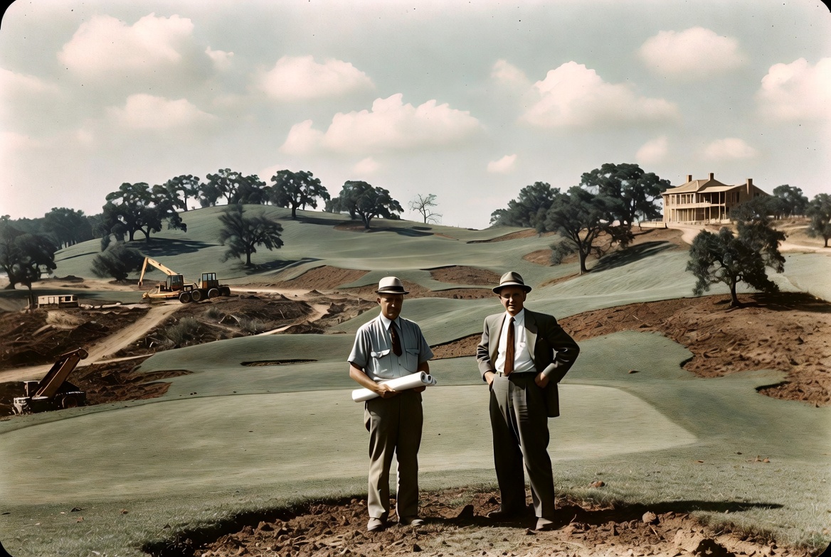 A vintage-style photograph depicting the early development or construction of the Hamlet Country Club in Commack, NY, in the mid-20th century.