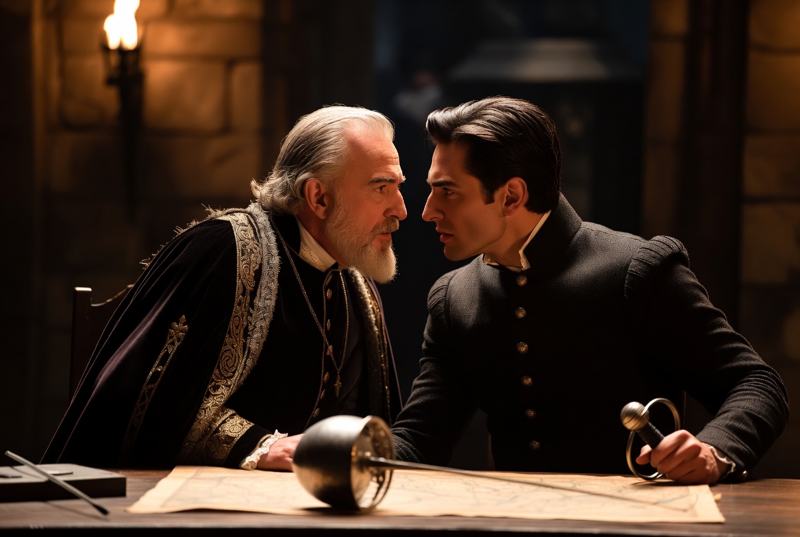 A cinematic image showing King Claudius whispering manipulatively to a young and angry Laertes in a private room.