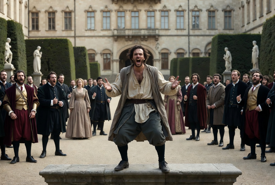 Hamlet behaving erratically and speaking eccentrically in a castle garden while polished Danish courtiers recoil with disdain.