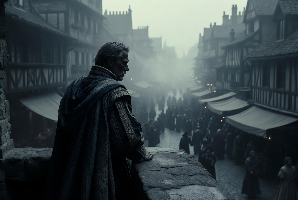 A solitary nobleman in dark Renaissance clothing standing on a distant stone balcony overlooking a busy medieval street, symbolizing Lord Montague's isolation.