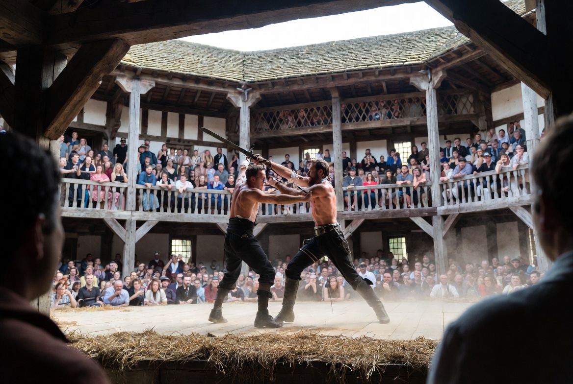 "A dramatic stage fight between two Elizabethan actors at the Globe Theatre using an English longsword in realistic, close combat choreography."