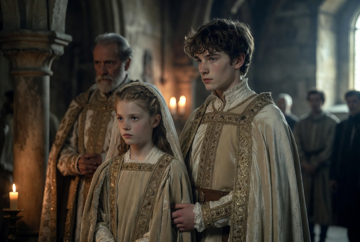 The solemn strategic child marriage of Mary Bohun and Henry Bolingbroke in a medieval chapel, witnessed by John of Gaunt.