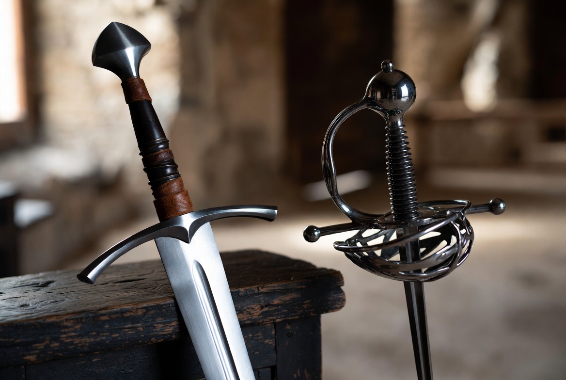 "A historical comparison showing the robust design of an English longsword resting beside an elegant Italian rapier."