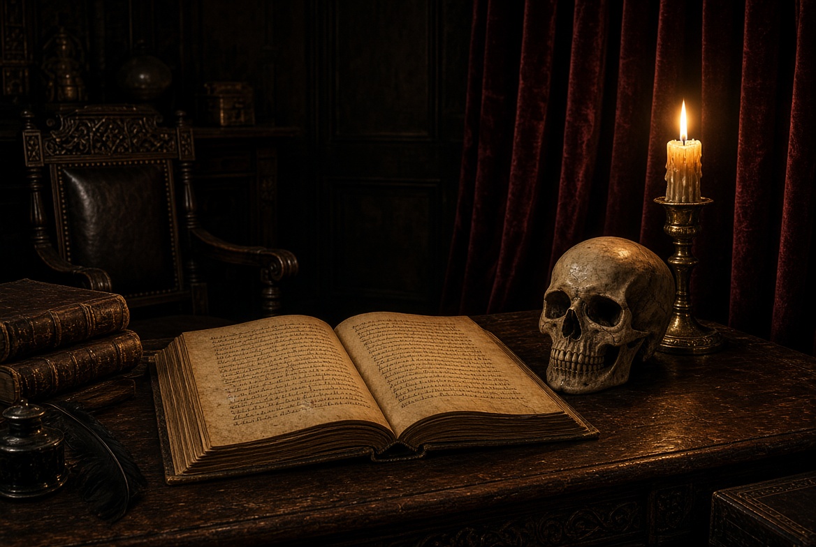 Atmospheric still life of an open antique book and skull symbolizing Hamlet and Shakespearean tragedy
