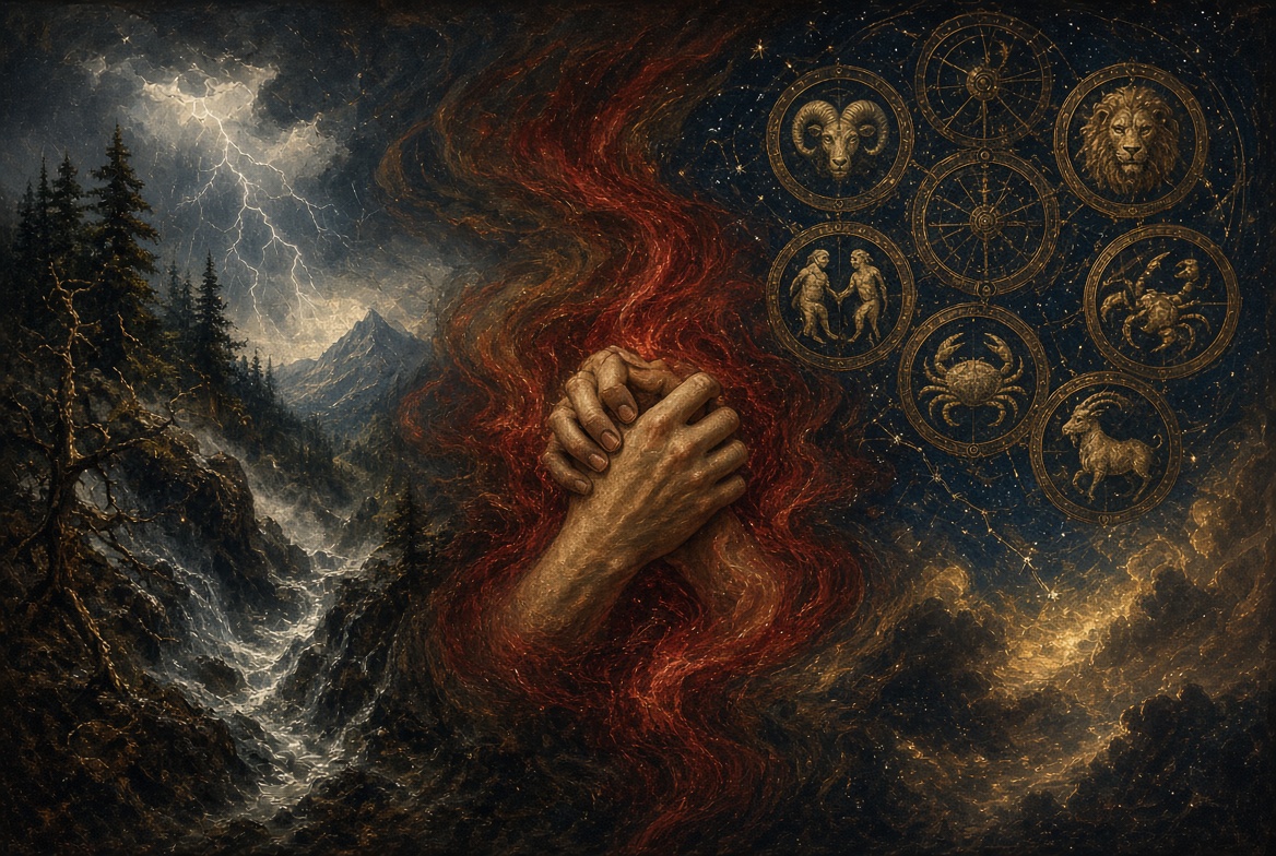 An allegorical illustration depicting the three dimensions of nature in Shakespeare’s time: physical environment, internal human emotion, and cosmological order.