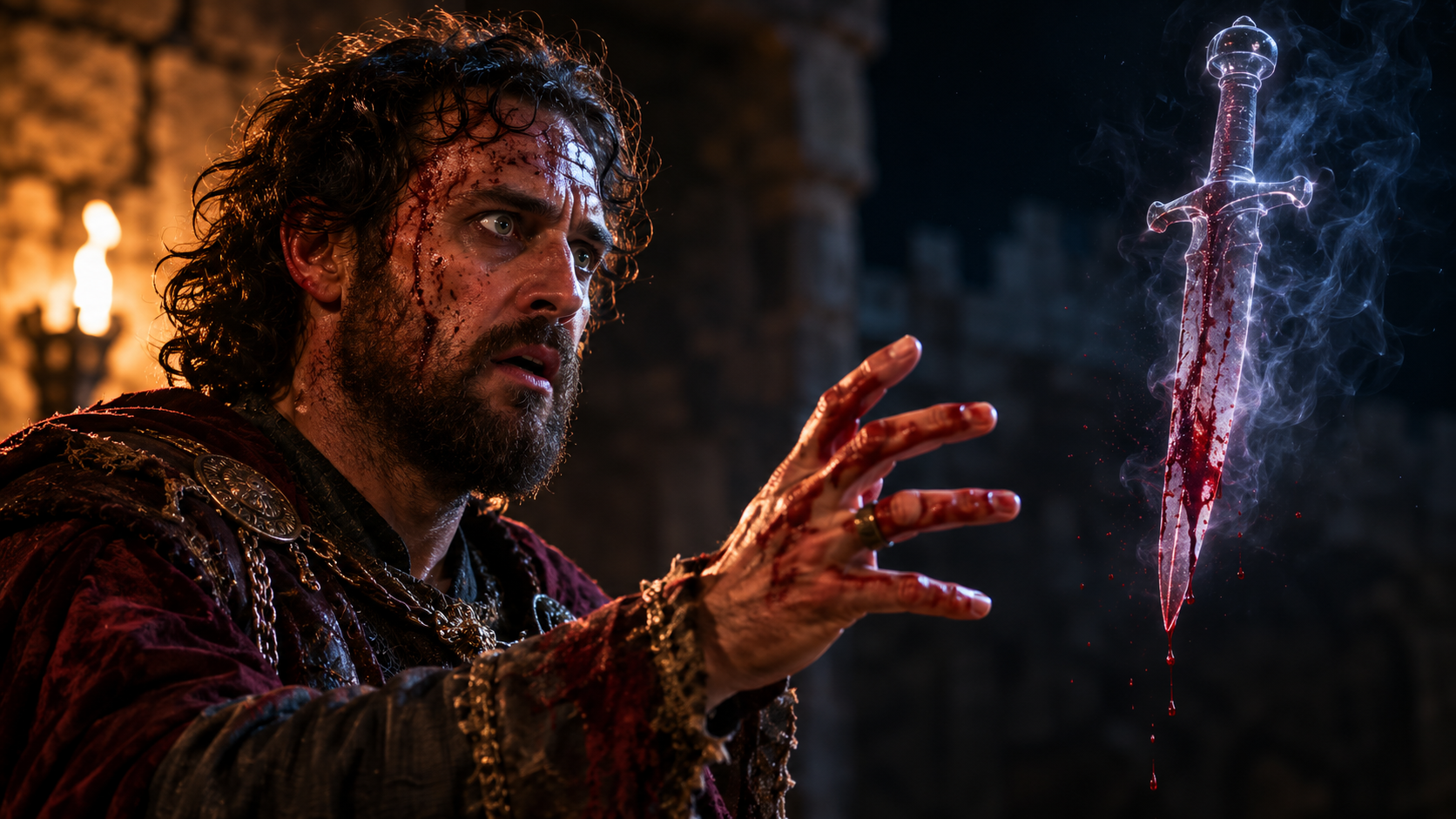 Close-up theatrical photo of actor playing Macbeth staring wildly at a floating, bloody hallucinated dagger during Act 2, Scene 1 monologue.
