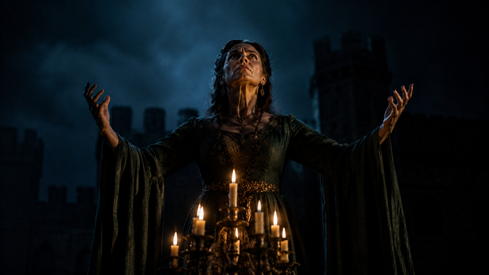 Intense theatrical performance of Lady Macbeth delivering the "Unsex Me Here" monologue with dramatic lighting and supernatural atmosphere.