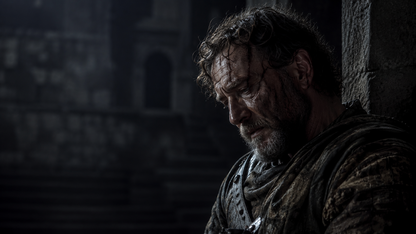 Dramatic theatrical close-up of a fatigued Macbeth reflecting on nihilism during the Act 5 Tomorrow monologue in a shadowed castle hall.