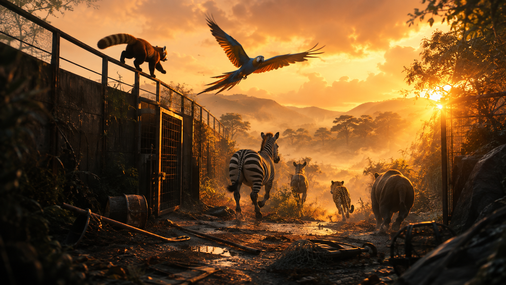 A group of zoo animals, including a macaw and a red panda, escaping through an open park gate at sunrise, symbolizing the subverted ending of Romeo and Zooliet.