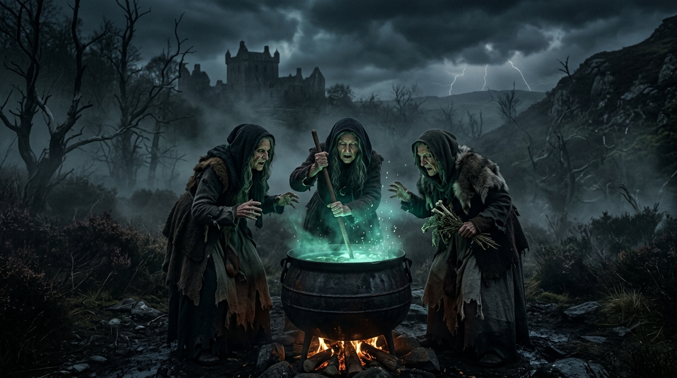 Three witches performing a supernatural ritual in Shakespeare’s Macbeth