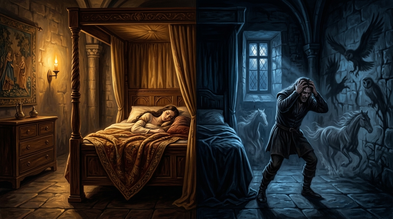 Conceptual illustration representing innocent peaceful sleep versus the tormenting sleeplessness of guilt in Macbeth.