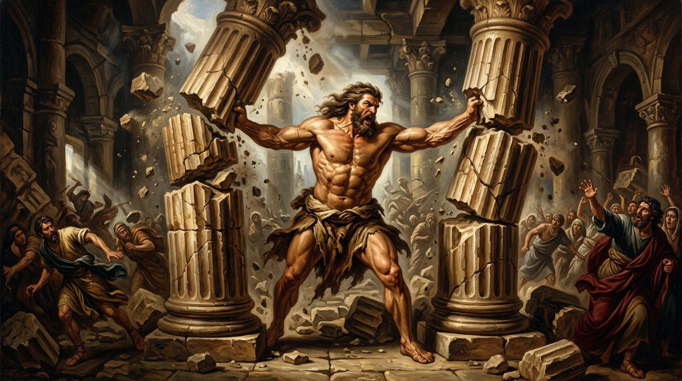 Classical illustration of the biblical strongman Samson pushing against massive stone temple pillars.