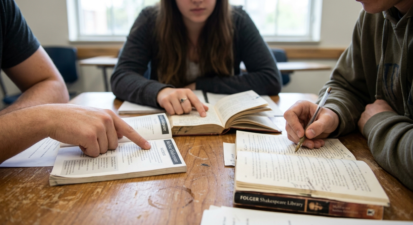 A close-up photograph of hands analyzing several printed texts of different Shakespeare editions at a collaborative study table.