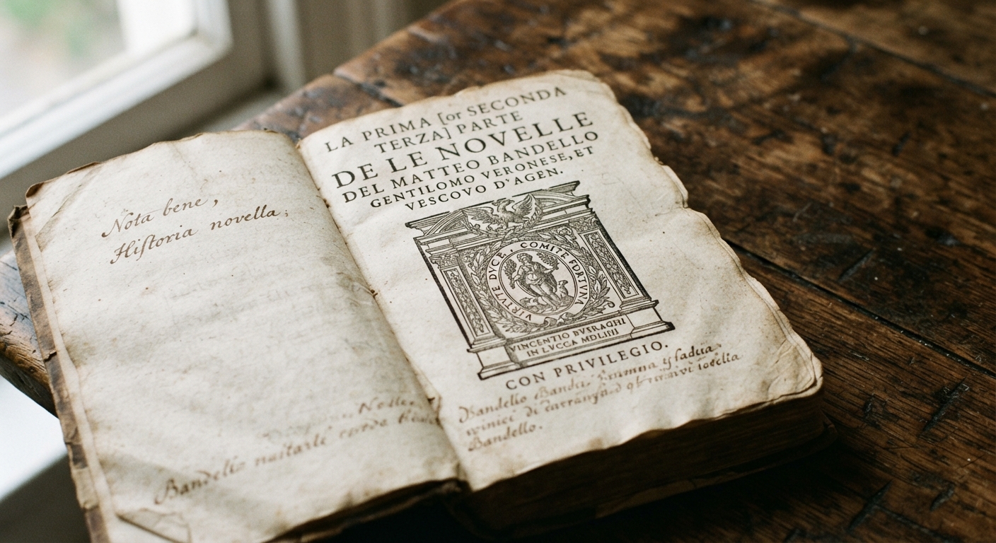 An open 16th-century Italian novella by Bandello, showing ornate Renaissance type and marginalia on aged paper.