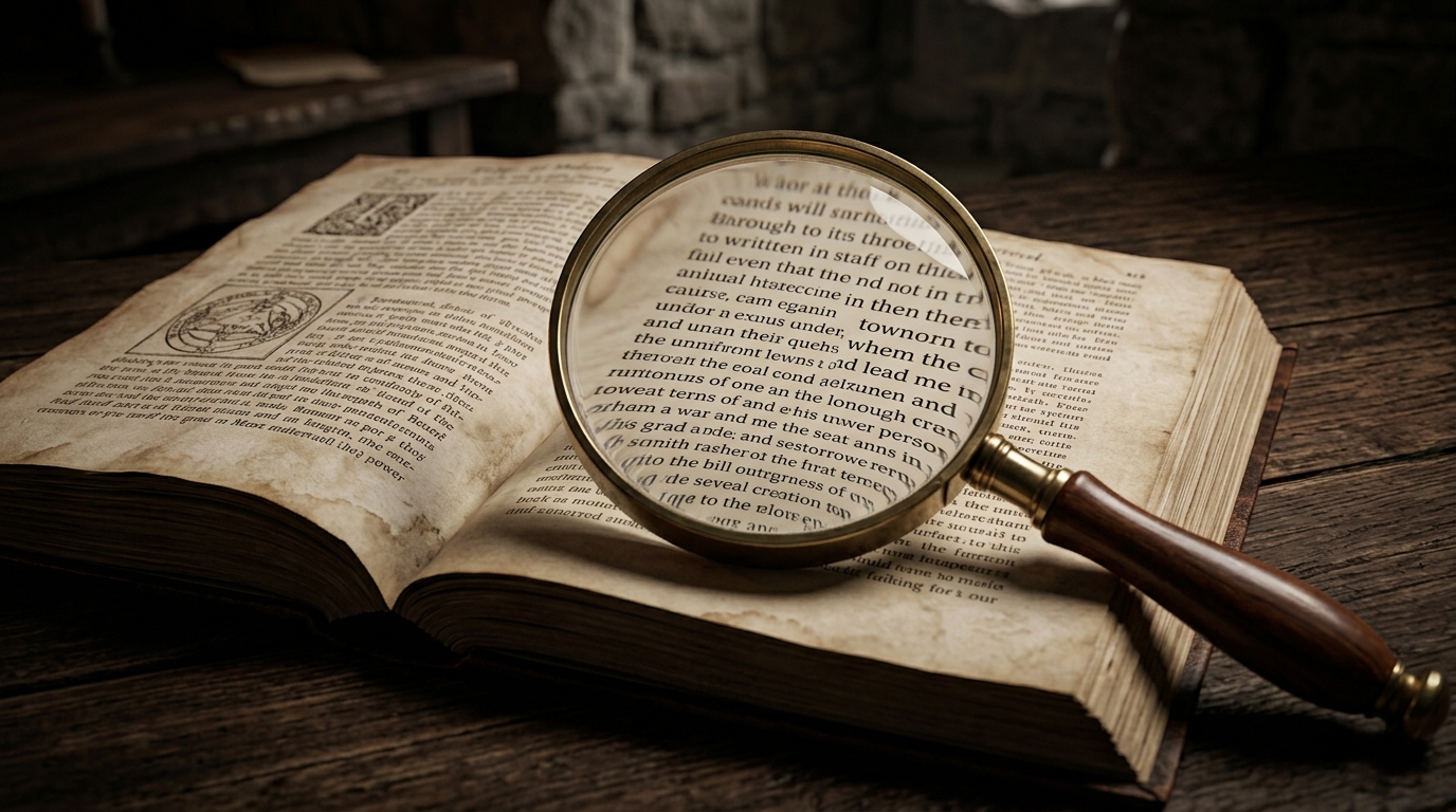 Creative concept photograph showing an antique magnifying glass revealing clear, modern text within an old, aged Shakespearean book.