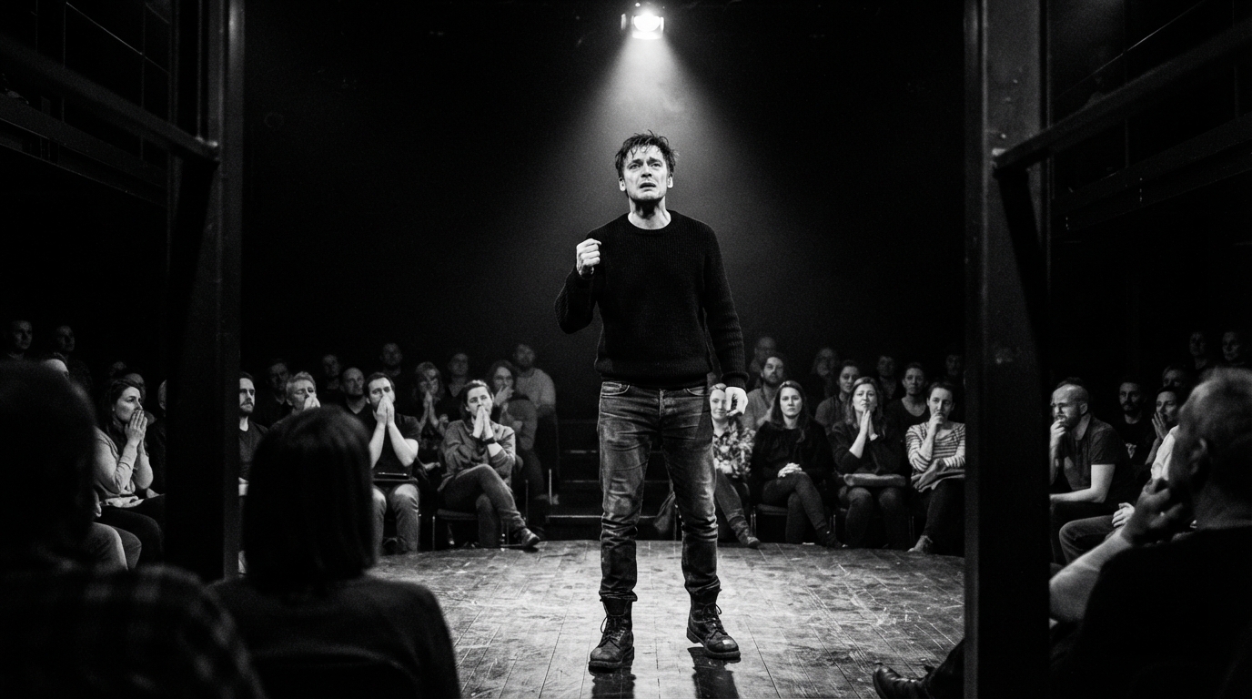 Modern black-and-white photo of a live Shakespeare play performance, emphasizing modern relevance and audience reaction.