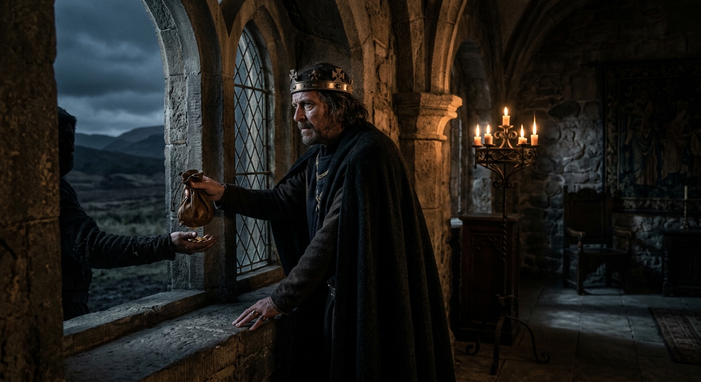 Cinematic scene of King Macbeth hiring assassins to kill Banquo, illustrating his descent into tyranny in Act 3.