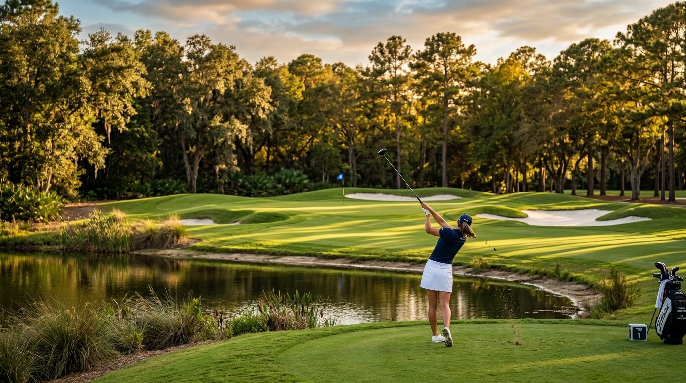 Golfer executing a precise iron shot on a tree-lined par-3 green at Hamlet Golf Course Commack
