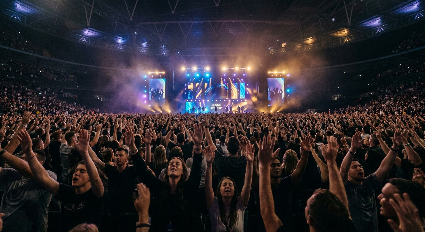 A packed stadium during a contemporary Christian worship concert, representing the origins of the song Hosanna.