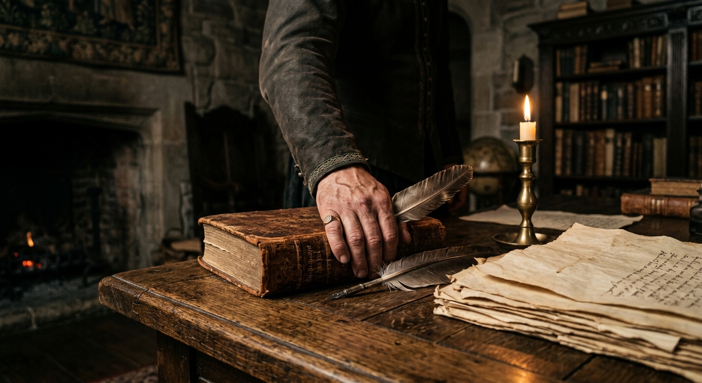 A close-up, historical photograph of a quill, parchment, and an ancient book on a candle-lit desk, symbolizing the rhetorical power and careful influence of Shakespearean characters.