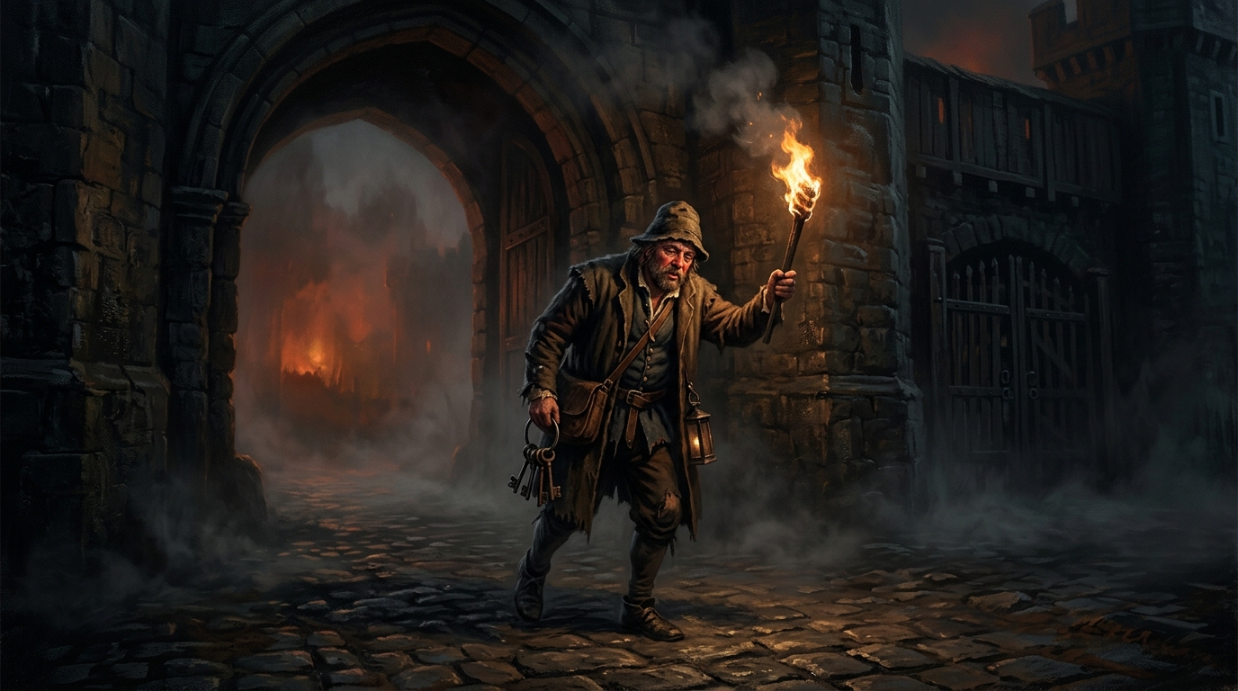 A dramatic oil painting of the Macbeth Porter holding keys by a foggy, dark castle gate.