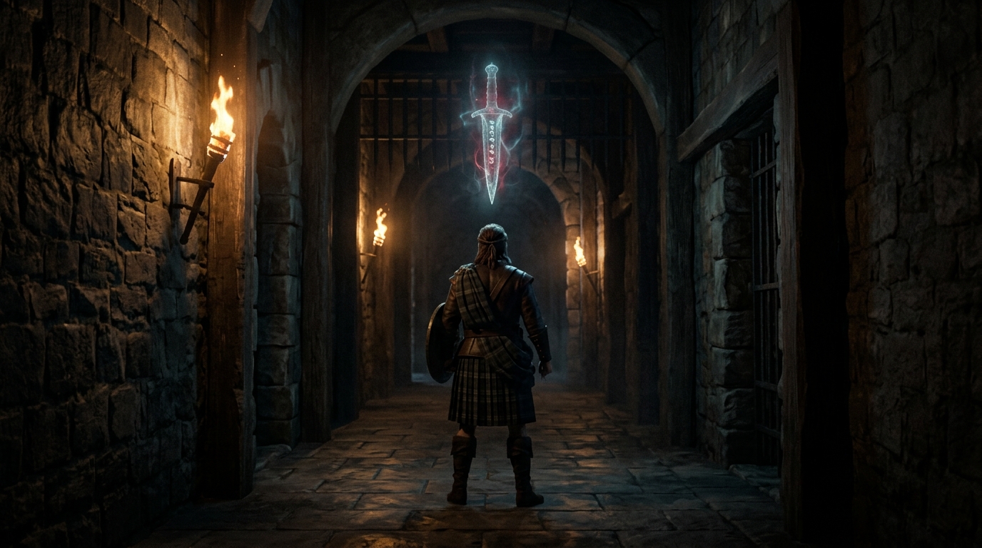 Cinematic rendering of Macbeth seeing a glowing spectral dagger hallucination in a dark castle corridor.