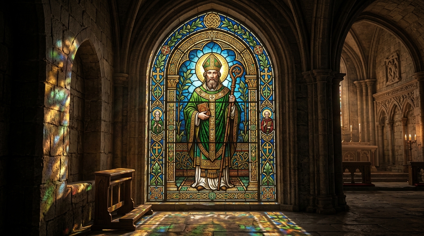 Traditional stained glass window depicting 6th-century Celtic bishop Saint Samson of Dol holding a bishop's staff.