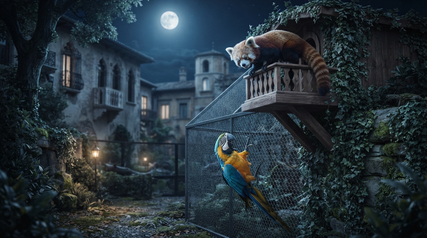 A red panda on a high zoo platform looking down at a macaw on a fence at night, reimagining the Romeo and Juliet balcony scene.