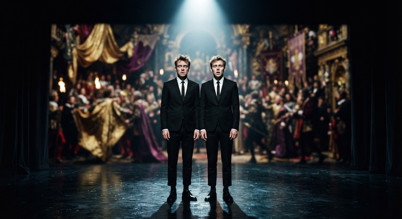 Two actors in minimalist suits looking bewildered on a dark stage, representing Rosencrantz and Guildenstern adrift from the main plot.