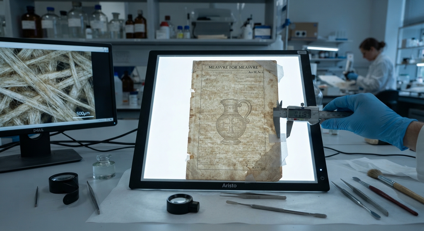 A leaf from an early Shakespeare quarto backlit on a light box, revealing the watermark and laid lines for forensic analysis.