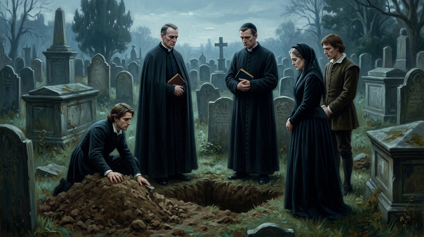 Shakespeare's Hamlet: A melancholic depiction of Ophelia’s restricted funeral and maimed burial rites in an Elizabethan graveyard.
