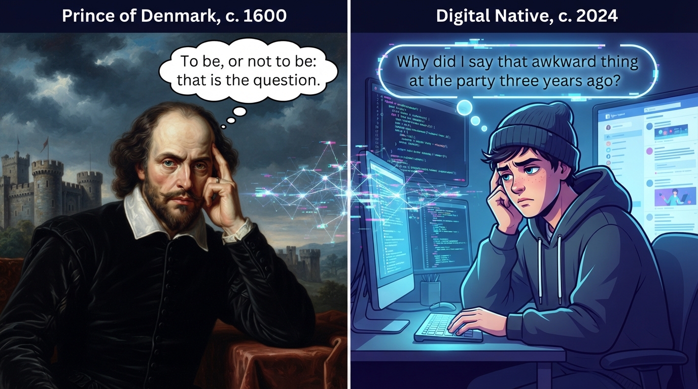 A split-screen illustration comparing the existential dread of Shakespeare's Hamlet (1600) with a modern digital native (2024) experiencing decision fatigue.